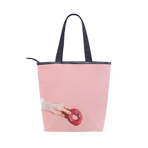 NaiiaN Bolsos de hombro con correa de peso ligero Bolso Bolso de compras Bolsos para mujeres Niñas Damas Graduación de estudiantes Rosado Sosteniendo Donuts Dulce