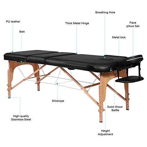 Naipo Mesa de Masaje Camillas de Masaje Plegable de 3 Secciones Camilla Portátil y Profesional con Patas de Madera Respaldo Regulable Bolsa de Transporte Reposacabezas y Apoyabrazos Desmontables