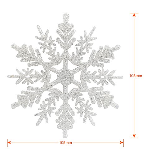 Naler 24 Copo de Nieve Plástico Colgante Adorno Blanco con Purpurina Decoración para Árbol de Navidad (10,5cm)