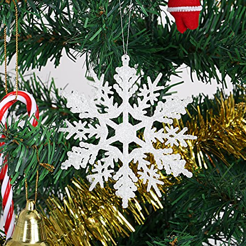 Naler 24 Copo de Nieve Plástico Colgante Adorno Blanco con Purpurina Decoración para Árbol de Navidad (10,5cm)