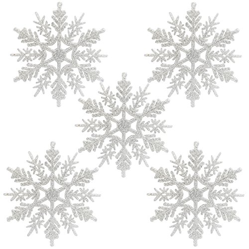 Naler 24 Copo de Nieve Plástico Colgante Adorno Blanco con Purpurina Decoración para Árbol de Navidad (10,5cm)