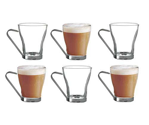 NAPOLI - Juego de 6 vasos de café con mango de metal, 22 cl, 220 ml, 6 unidades, cristal transparente, café expresso, capuchino, té helado.