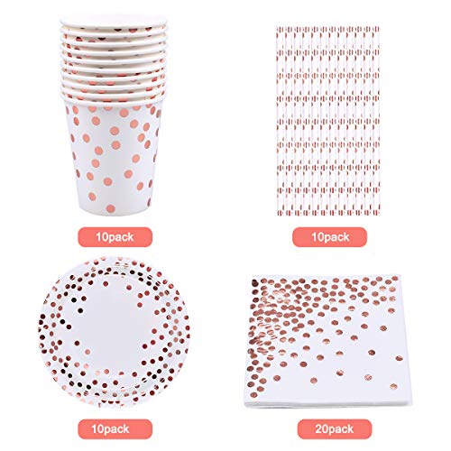 NATUCE 50 Piezas Vajilla Fiesta Blanco y Oro Rosa, Vajilla Desechable Cumpleaños,10 Vasos de Papel, 10 Piezas Platos de Papel de 7 ", 20 Piezas Servilleta,10 Pajita