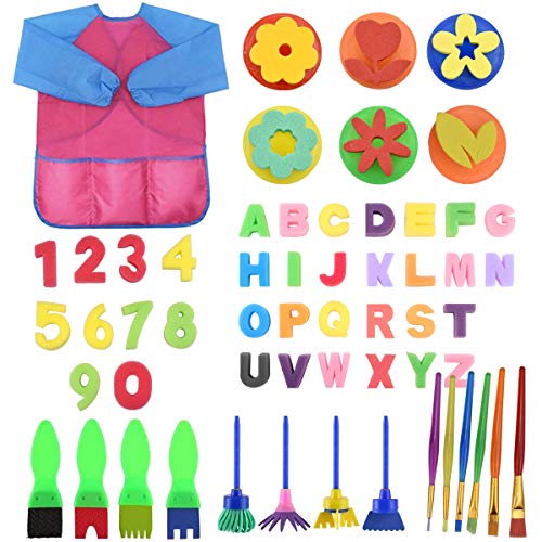 NATUCE 57PCS Niños Esponja Pintura Cepillos Kit, Herramientas de Dibujo para Niños, Cepillos de Pintura de Esponja, Delantal de Pintura, Esponja de Cepillos de Pintura Set para Arte Artesanía DIY