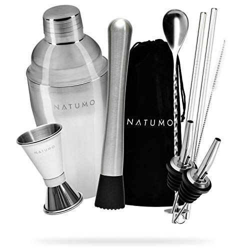 NATUMO Juego de Coctelera Profesional Premium con accesorios inox 9 piezas, coctelera profesional kit portatil incluye vaso, medidor, cuchara, pajitas de metal, 550ml