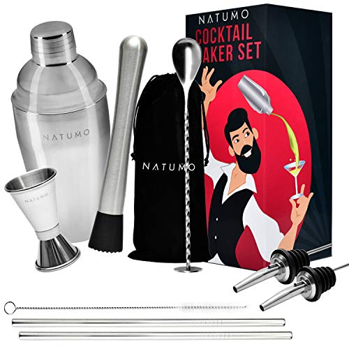 NATUMO Juego de Coctelera Profesional Premium con accesorios inox 9 piezas, coctelera profesional kit portatil incluye vaso, medidor, cuchara, pajitas de metal, 550ml