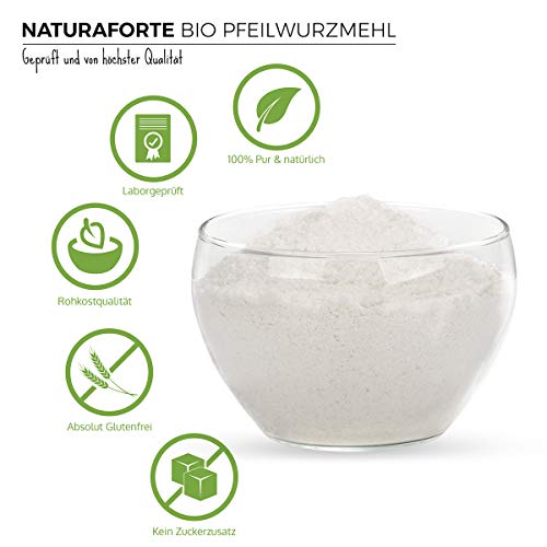 NaturaForte Harina de Arrurruz Orgánica 500g - Aglutinante fuerte y sustituto del huevo, perfecta para hornear y aglutinar, Vegana, Sin sabor, Embotellada y controlada en Alemania