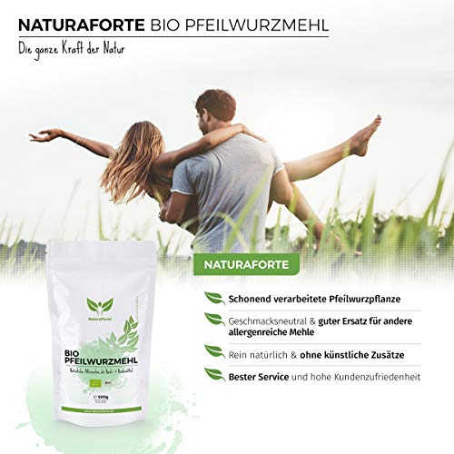 NaturaForte Harina de Arrurruz Orgánica 500g - Aglutinante fuerte y sustituto del huevo, perfecta para hornear y aglutinar, Vegana, Sin sabor, Embotellada y controlada en Alemania