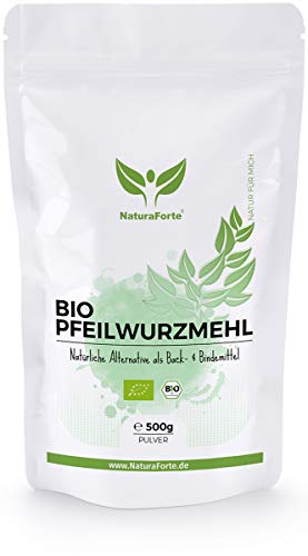 NaturaForte Harina de Arrurruz Orgánica 500g - Aglutinante fuerte y sustituto del huevo, perfecta para hornear y aglutinar, Vegana, Sin sabor, Embotellada y controlada en Alemania