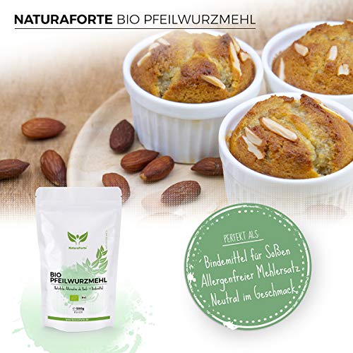 NaturaForte Harina de Arrurruz Orgánica 500g - Aglutinante fuerte y sustituto del huevo, perfecta para hornear y aglutinar, Vegana, Sin sabor, Embotellada y controlada en Alemania