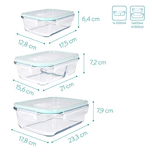 Navaris Set de 3 fiambreras de Cristal con Tapa - 3X Recipientes Variados herméticos antifugas para Horno microondas congelador y lavavajillas