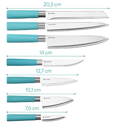 Navaris Set de 7 Cuchillos de Cocina con Soporte de Madera - Cuchillos Profesionales de Acero Inoxidable - para Cortar Pan Carne Frutas y Verduras