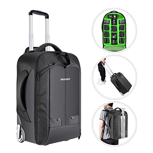 Neewer 2-en-1 Convertible Mochila Equipaje Carretilla con Doble Barra y Ruedas, Antichoque Desmontable Compartimento Acolchado para Cámaras SLR/DSLR, Trípode, Lentes y Otros Accesorios (Negro/Verde)