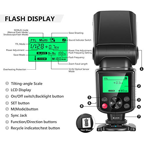 Neewer 750II TTL Flash Speedlite para Nikon D7200 D7100 D7000 D5500 D5300 D5200 D5100 D5000 D3300 D3200 D3100 D3000 D700 D600 D500 D90 D80 D70 D60 D50 y otros Nikon DSLR Cámaras