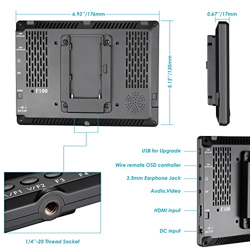 Neewer F100 Kit Monitor Campo Cámara:7" Ultra HD 1280x800 IPS Monitor Campo Pantalla+F550 Batería Repuesto+Micro USB Cargador+Estuche Transporte para Sony Nikon Olympus Panasonic