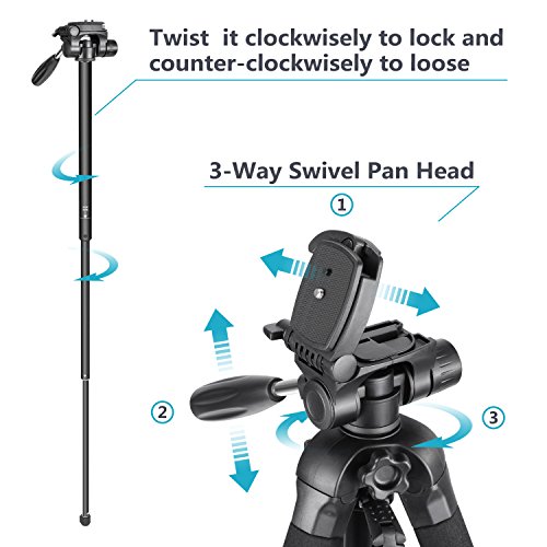 Neewer Portátil 177cm de Aleación de Aluminio Trípode para Cámara Monopié con Cabezal Giratorio de 3 Vías, Bolsa para Cámara DSLR, Videocámara de vídeo DV, Carga hasta 8,8 libras/4 kg Negro (SAB264)