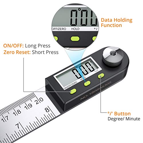 Neoteck Medidor de Ángulos Digital Inclinómetro de Ángulos 0-200 mm HOLD Transportador de de Acero Inoxidable con Puesta a Cero Reinicio de la Pantalla LCD Regla del Nivel de Alcohol Electrónico