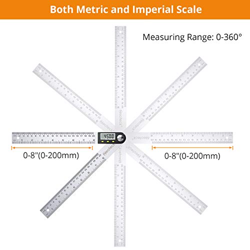 Neoteck Medidor de Ángulos Digital Inclinómetro de Ángulos 0-200 mm HOLD Transportador de de Acero Inoxidable con Puesta a Cero Reinicio de la Pantalla LCD Regla del Nivel de Alcohol Electrónico