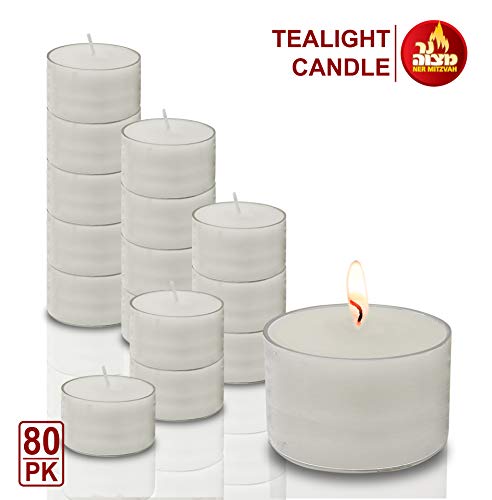 Ner Mitzvah Velas de candelita ardientes largas 6 Horas - Blanco en Copas Transparentes - Sin Perfume - Paquete de 80 - Hecho en la UE