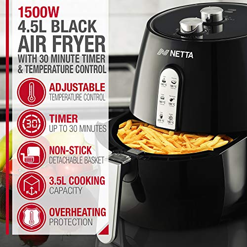 NETTA Freidora de aire libre de aceite para uso doméstico 4.5L con control de temperatura ajustable y temporizador - freidora de virutas - negro