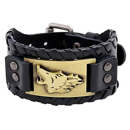 NICEWL Viking Fenrir Lobo Cabeza Pulsera de Cuero,Hecho A Mano Trenzado Mitología Nórdica Hombres Pulsera Ancha,Vintage Tótem de Edad Media Pagan Talismán Talismán,Bronce