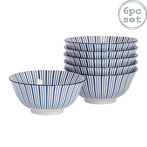 Nicola Spring Cuenco de Cereales de Porcelana - Estampado de Rayas Azul y Blanco - 153 mm - Pack de 6