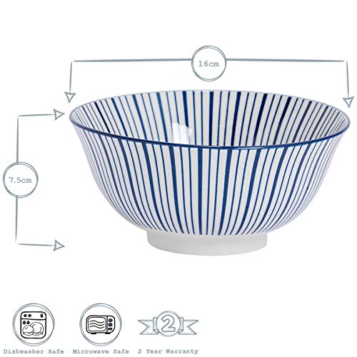 Nicola Spring Cuenco de Cereales de Porcelana - Estampado de Rayas Azul y Blanco - 153 mm - Pack de 6