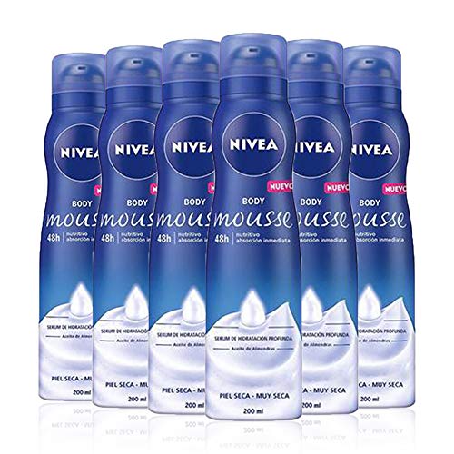 NIVEA Body Mousse Nutritiva, mousse con sérum hidratante para piel seca y muy seca, mousse corporal de rápida absorción con aceite de almendras - pack de 6 x 200 ml