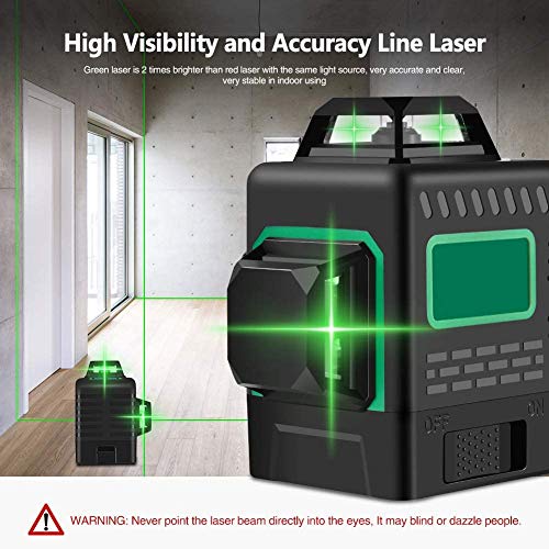 Nivel láser, 3 x 360º, 3D 12 líneas con 360 ° base magnética, IP 54 auto-nivel de líneas verticales y horizontales autobalanceados nivel láser verde