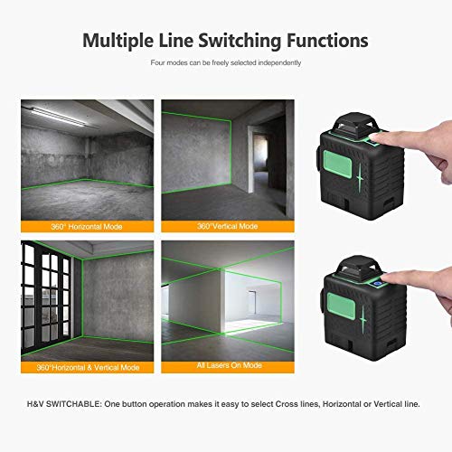 Nivel láser, 3 x 360º, 3D 12 líneas con 360 ° base magnética, IP 54 auto-nivel de líneas verticales y horizontales autobalanceados nivel láser verde