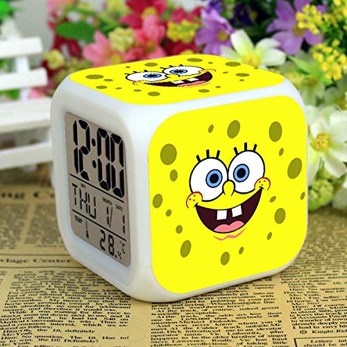 N/J Bob Esponja reloj despertador niños LED dibujos animados noche luz flash 7 colores cambiantes reloj digital electrónico reloj de escritorio, estilo 25, cumpleaños