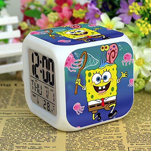 N/J Bob Esponja reloj despertador niños LED dibujos animados noche luz flash 7 colores cambiantes reloj digital electrónico reloj de escritorio, estilo 41, cumpleaños