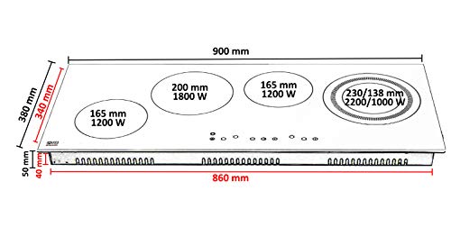 NJ CH-90 Cocina eléctrica de cerámica 4 zonas de cocción 90cm de vidrio incorporado Control táctil Negro