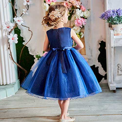 NNJXD Vestido de Fiesta de Princesa con Encaje de Flor de 3D sin Mangas para Niñas Talla(100) 18-24 Meses Azul Oscuro