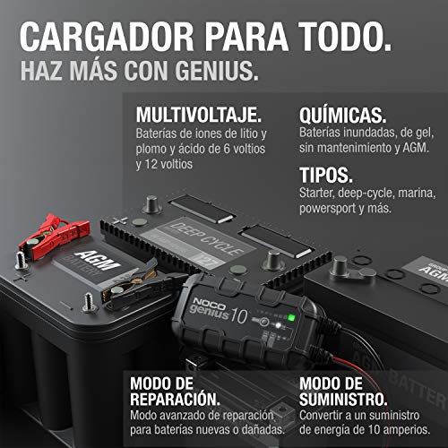 NOCO GENIUS10EU, Inteligente automático de 10A, Cargador 6V y 12V, mantenedor desulfatador de batería con compensación de Temperatura