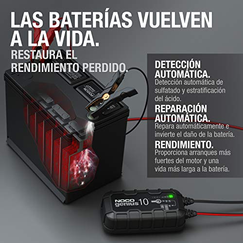 NOCO GENIUS10EU, Inteligente automático de 10A, Cargador 6V y 12V, mantenedor desulfatador de batería con compensación de Temperatura