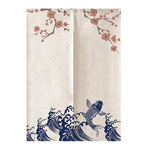 Noren, Cortina Japonesa, Puerta Corta, Tapicería, Algodón, Lino, Decoración De La Habitación - Flor del Ciruelo y carpa-85x90cm