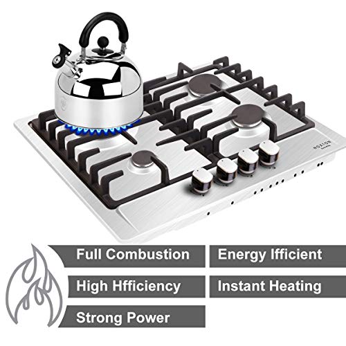 NOXTON Incorporado de 60cm Cocina de Gas de Paca de Cocción de 4 Quemadore Encimera de Gas en Acero Inoxidable FFD para GLP & Naturaleza del Gas