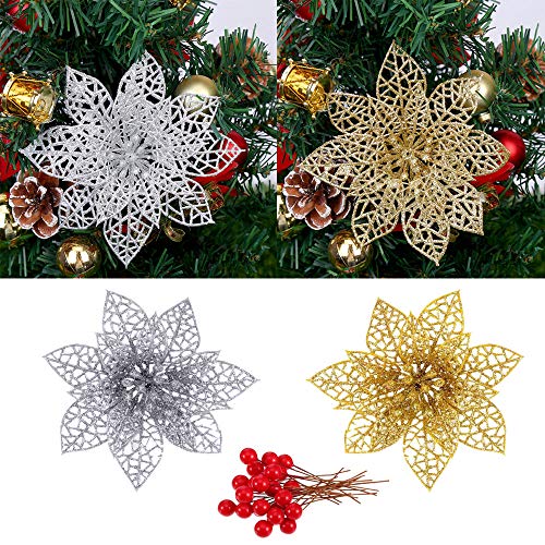 Nsiwem Adornos de árboles de Navidad Adornos de Navidad 24 Piezas Brillo Artificial Navidad Flores con 100 pcs Bayas de Acebo de Navidad Artificiales para Adornos de árboles de Navidad