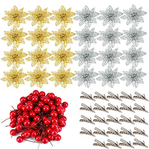 Nsiwem Adornos de árboles de Navidad Adornos de Navidad 24 Piezas Brillo Artificial Navidad Flores con 100 pcs Bayas de Acebo de Navidad Artificiales para Adornos de árboles de Navidad