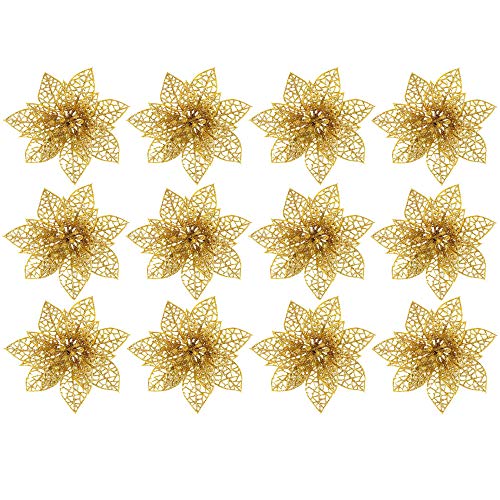 Nsiwem Adornos de árboles de Navidad Adornos de Navidad 24 Piezas Brillo Artificial Navidad Flores con 100 pcs Bayas de Acebo de Navidad Artificiales para Adornos de árboles de Navidad