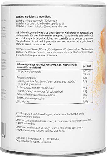 nu3 Harina de Garbanzo Orgánica – 400 gramos – 100% ecológica & libre de gluten – Rica fuente de proteínas y fibra vegetal – Alternativa con menos carbohidratos que el almidón o la fécula molida