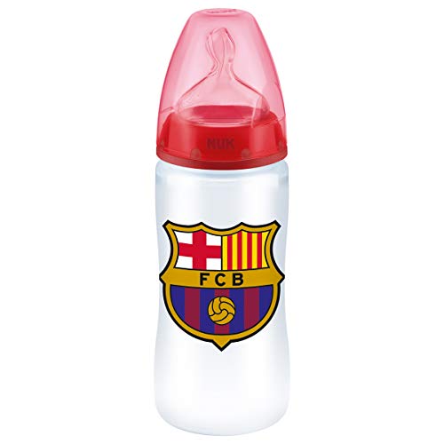 NUK First Choice Biberón + del Barça de Silicona. Biberón Anticólicos. Producto Oficial, Color Blanco y Rojo, 6 a 18 Meses, 300 ml