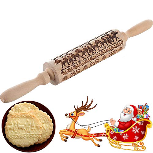 nuluxi Navidad Grabado Rodillos de Amasar en Madera Rodillos para Decoración de Pasteles en Relieve Rodillo de Madera de 3D Patrón de Navidad para Galletas Pastel Repostería y Fondant (Alce)