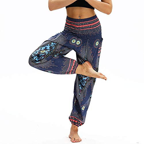 Nuofengkudu Mujer Pantalones Harem Tailandes Hippies Vintage Boho Flores Verano Alta Cintura Elastica Casual Danza Yoga Pants Bombachos Azul Pavo