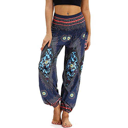 Nuofengkudu Mujer Pantalones Harem Tailandes Hippies Vintage Boho Flores Verano Alta Cintura Elastica Casual Danza Yoga Pants Bombachos Azul Pavo