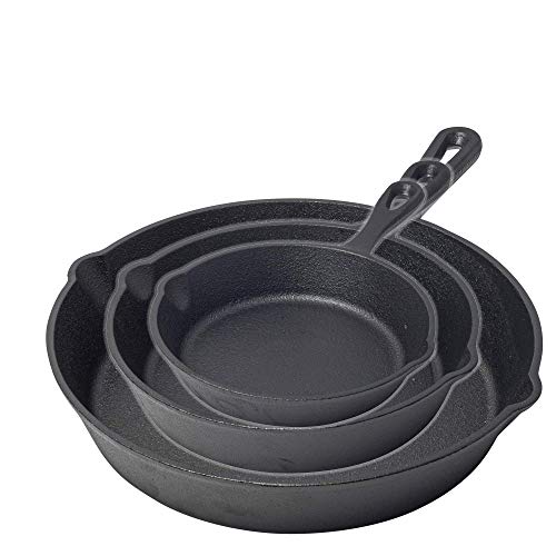 nuovva Sartén de sartén de Hierro Fundido pre-sartén Horno - Parrilla, Estufa, Negro (Juego de Chef de 3 Piezas, 6 Pulgadas, 15 cm, 8 Pulgadas, 20 cm, 10 Pulgadas, 25 cm)