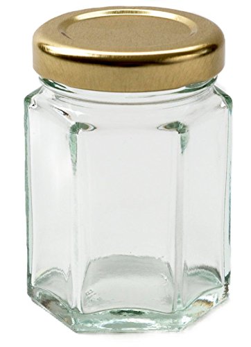 Nutley es 55 ML Tarro de Cocina con tamaño pequeño Hexagonal de Cristal para Mermelada de Tornillo Tapa - Dorado (Unidades 20)