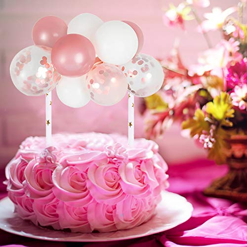 O-Kinee Cupcake Toppers Cumpleaños niña Globo Pastel Globos de Látex Primeros de la Magdalena Set,para Cumpleaños Aniversario de Boda Ducha de Bebé Decoración (Rosa y Blanco)
