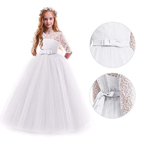 OBEEII Vestidos De Princesa Fiesta de la Boda de Las Niñas para Bordado Graduación Comunión Cumpleaños Paseo Baile Cóctel Vestido de Novia Blanco 9-10 Años